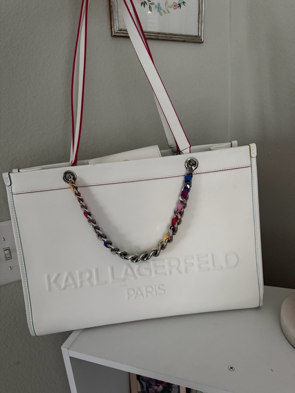 Karl Lagerfeld White Tote with Multicolor Chain Detail